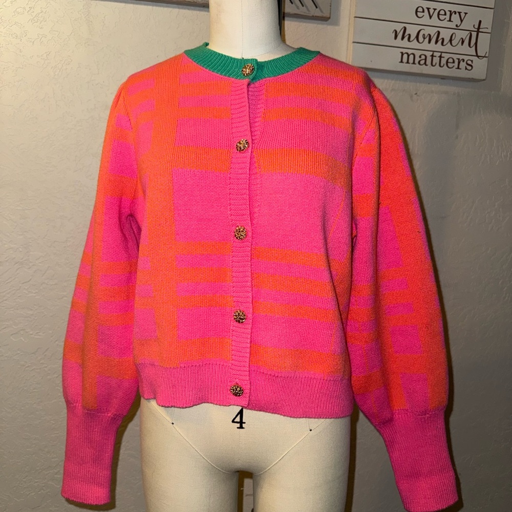 Bright Pink & Orange Color Block Cardigan